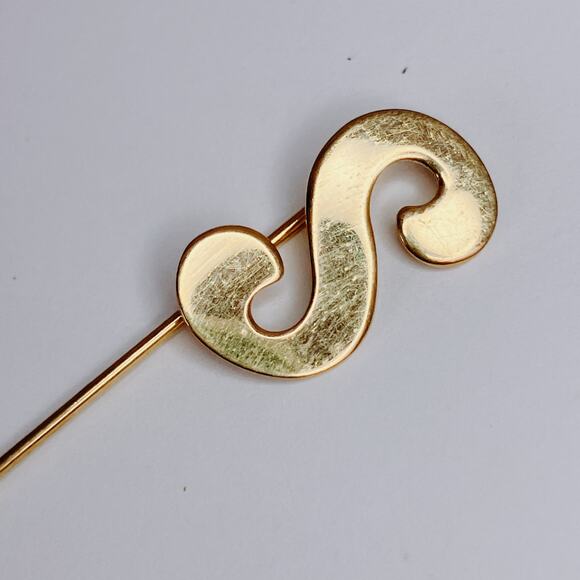 VTG Monogram Brooch Script Letter S Mid Century Jewelry Gold Tone Rhinestone Pin - Picture 3 of 10
